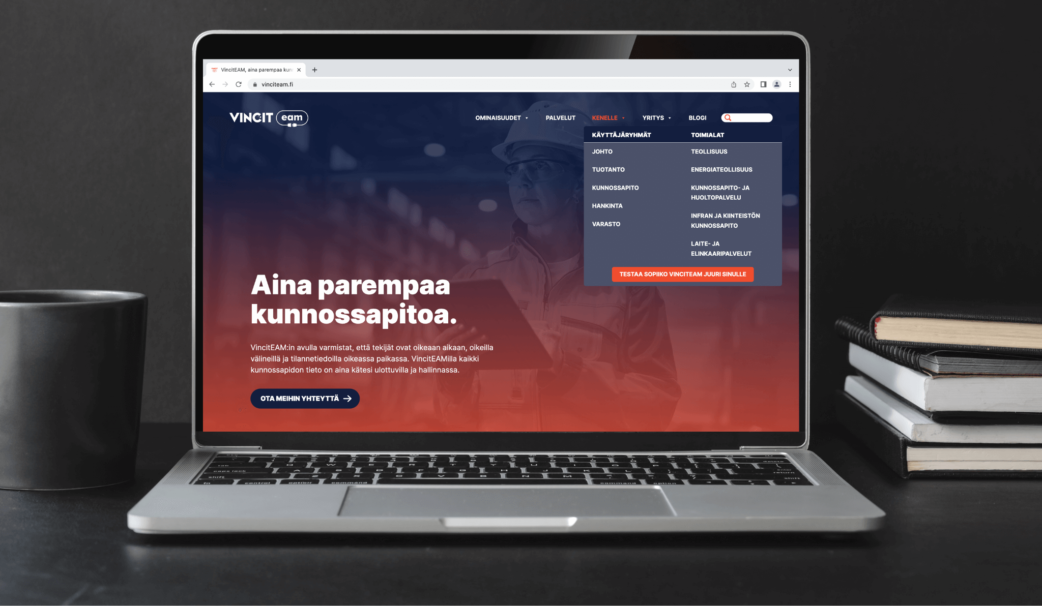 VincitEAM-verkkosivut kannettavan tietokoneen näytöllä